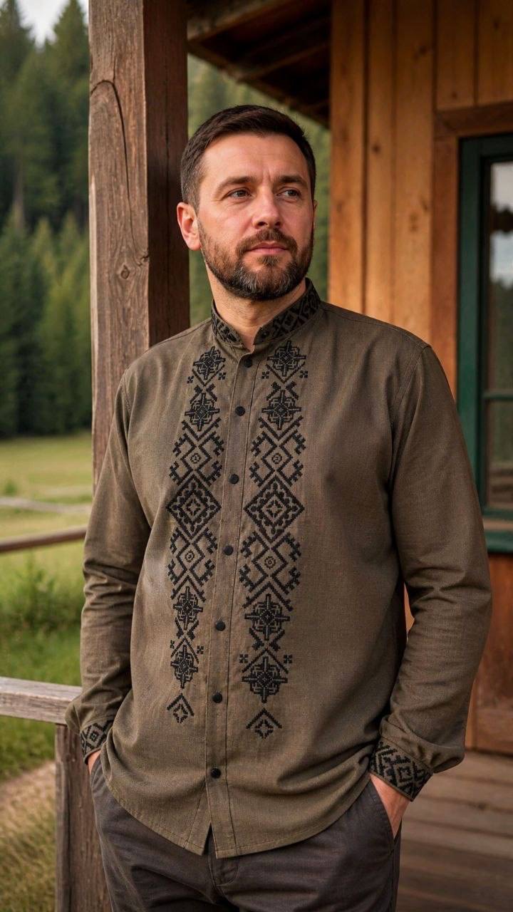 Чоловіча вишиванка хакі льон